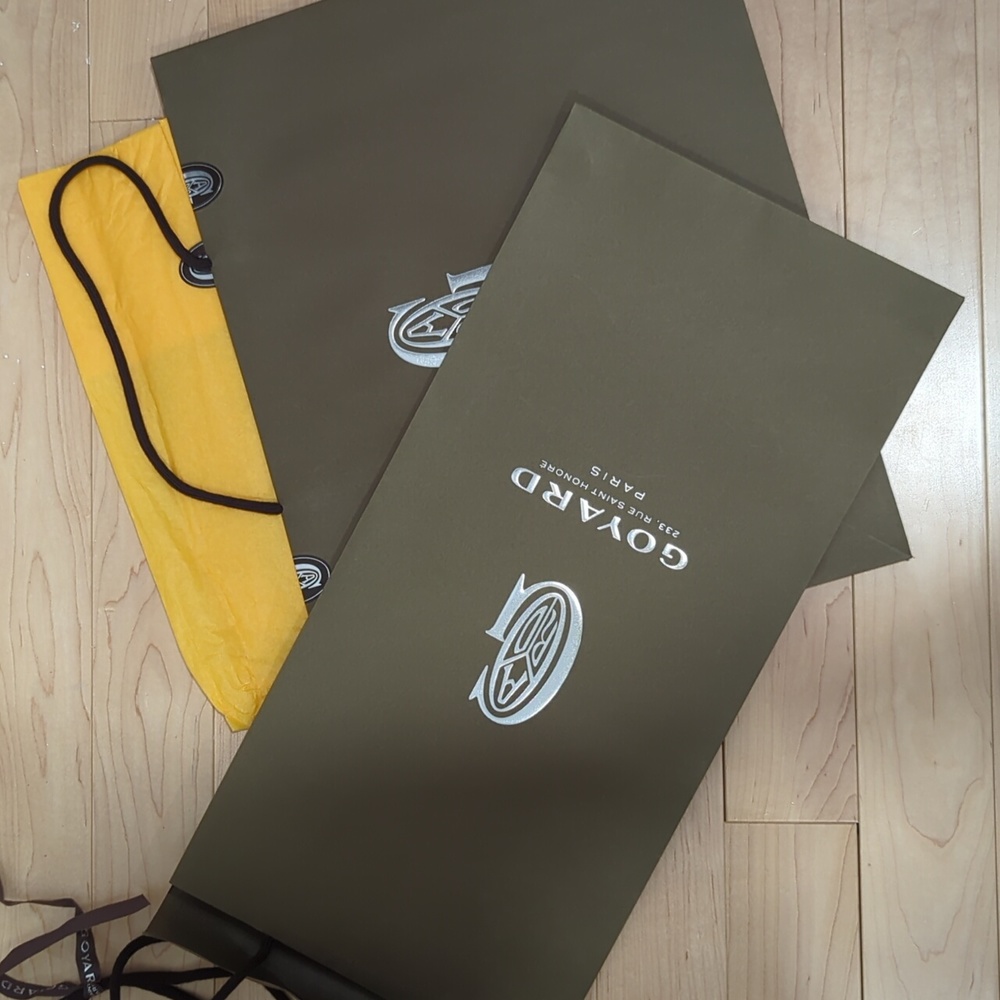 Goyard bag, ribbon, tissue and sleeve